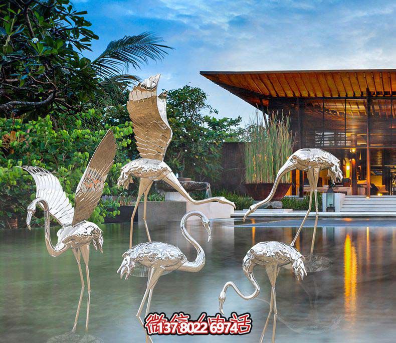 不銹鋼火烈鳥雕塑，游樂園擺放鏡面裝點