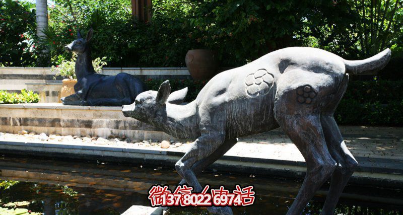 公園池塘中的大理石石雕鹿雕塑 公園池塘中的大理石石雕鹿雕塑
